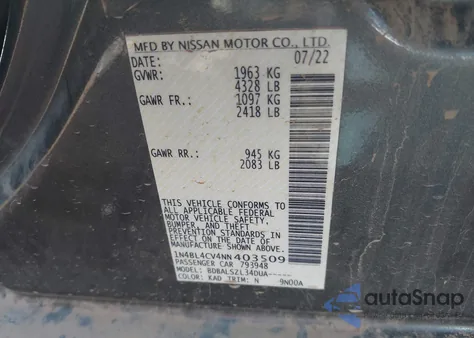 2022 Nissan Altima Sr Fwd из США, поврежденный, VIN 1N4BL4CV4NN403509